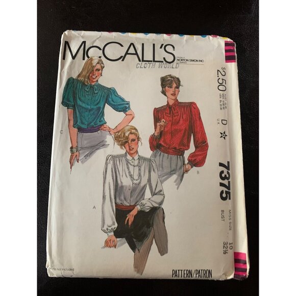 McCall's Misses Blouse Sewing Pattern Size 10 7375 - Uncut 1980s - Picture 9 of 9